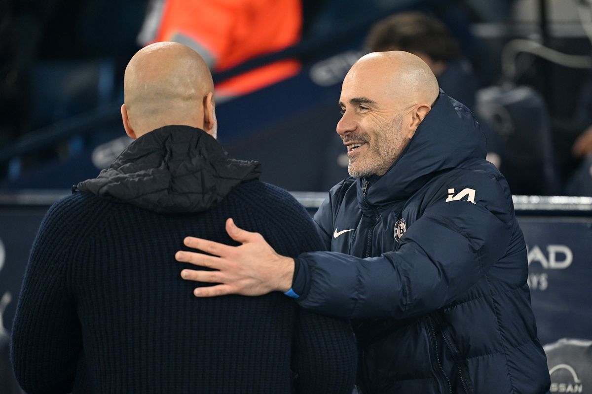 Enzo Maresca greets Pep Guardiola before Chelsea faced Manchester City last January