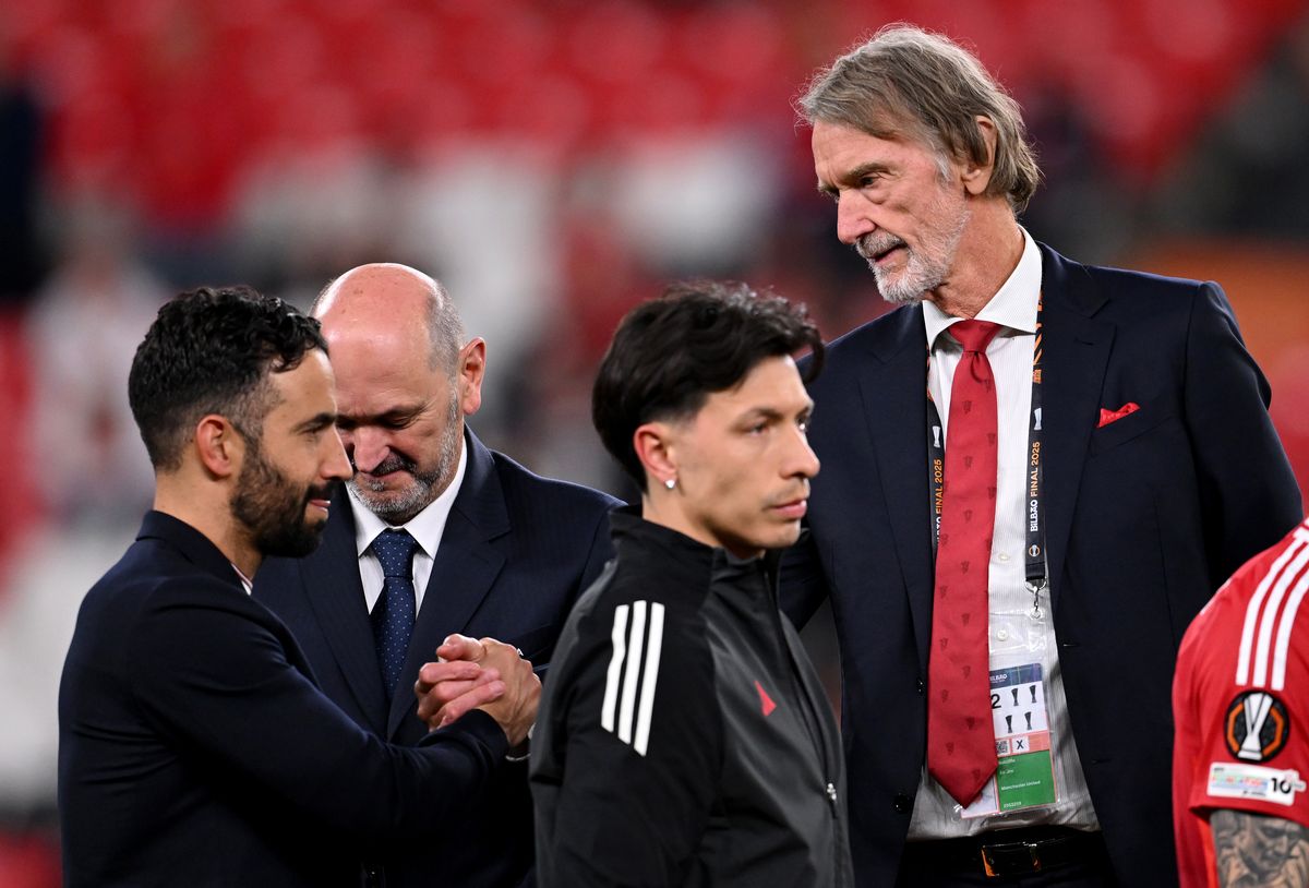 Sir Jim Ratcliffe, Co-owner of Manchester United, shakes hands with Ruben Amorim, Manager of Manchester United, as he walks to the podium to collect his runners-up medal after the UEFA Europa League Final 2025 between Tottenham Hotspur and Manchester United at Estadio de San Mames on May 21, 2025 in Bilbao, Spain