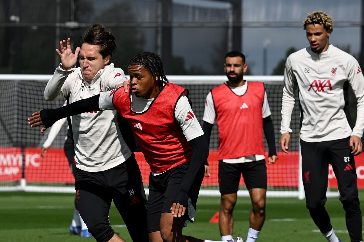 Federico Chiesa and Rio Ngumoha of Liverpool during a training session at AXA Training Centre