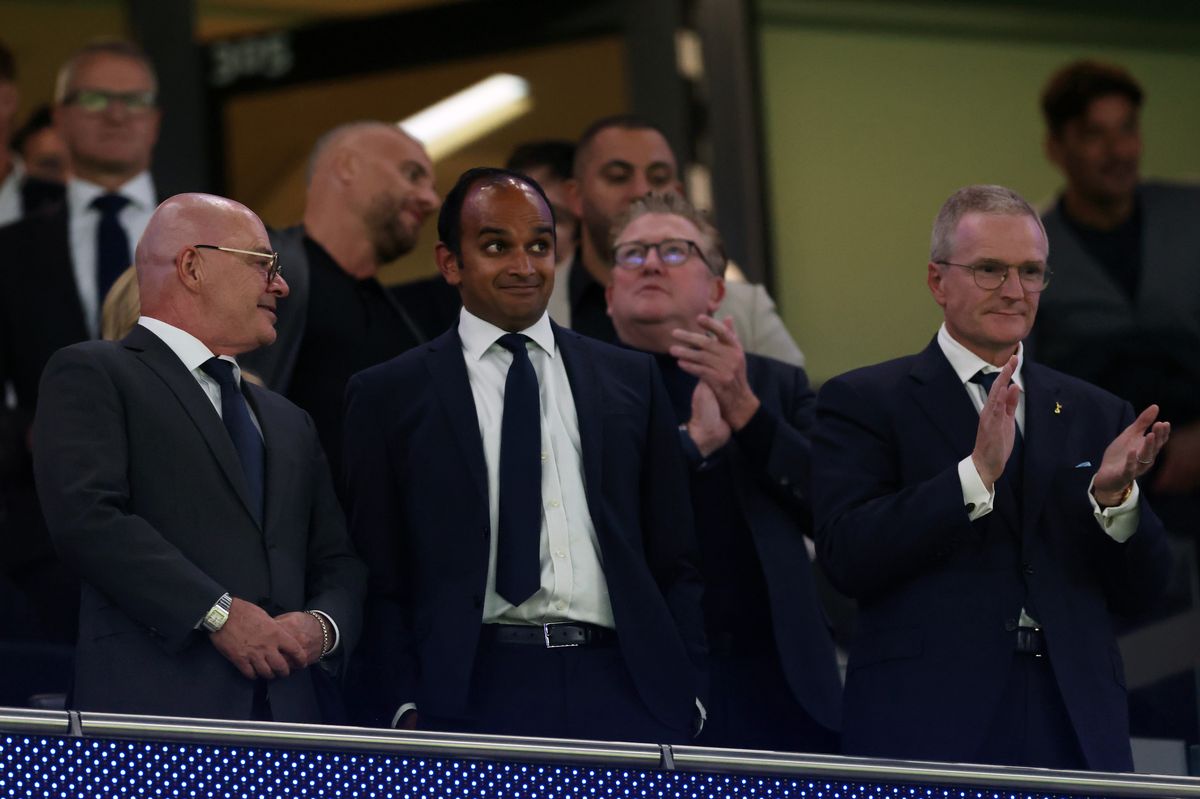 Tottenham Hotspur CEO Vinai Venkatesham (centre), shown alongside Charles Lewis (left) and non-executive chairman Peter Charrington, has set out his plans for the club in an address to the supporters