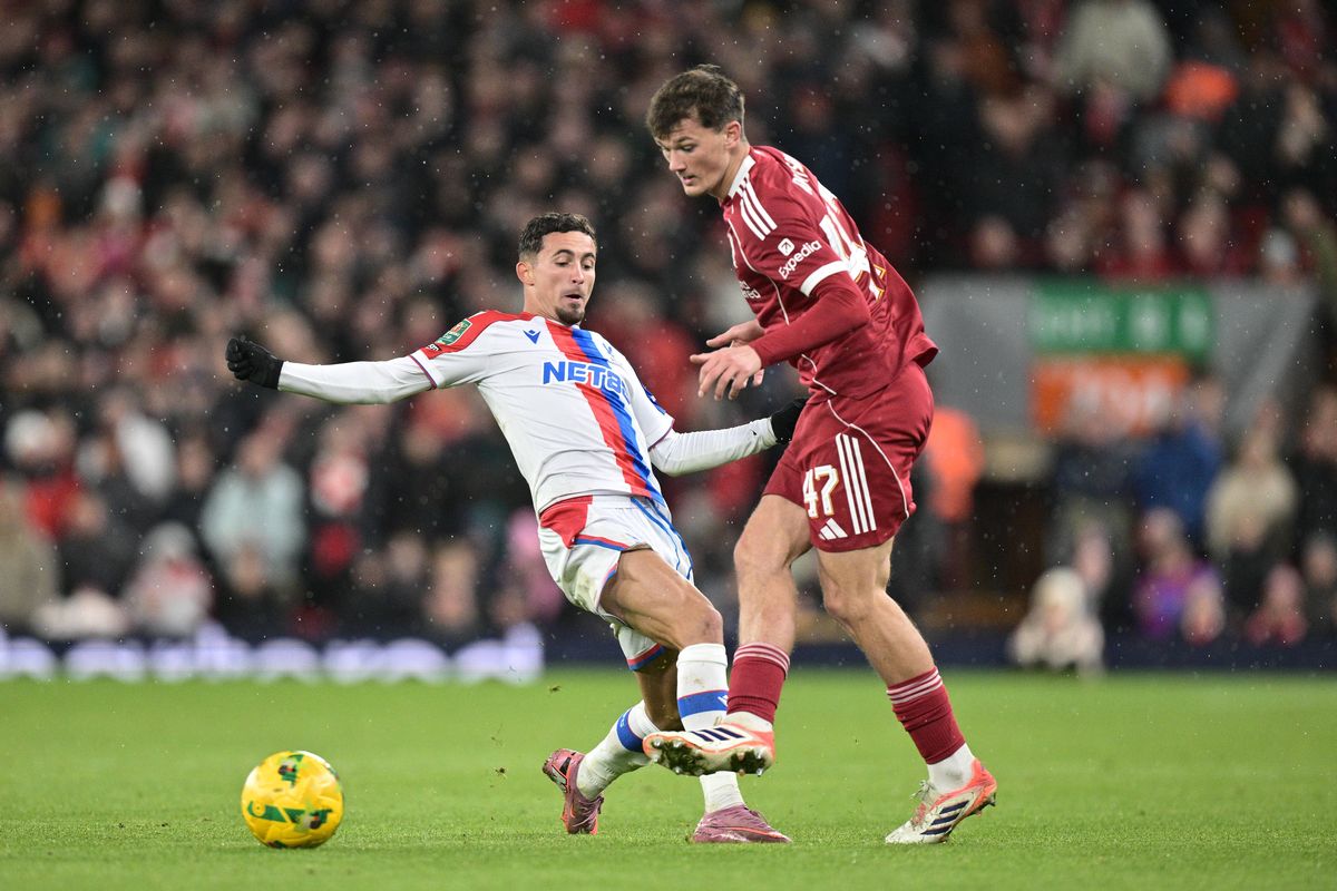 Yeremy Pino of Crystal Palace and Calvin Ramsay of Liverpool F.C. battle for the ball during the Carabao Cup Fourth Round match between Liverpool and Crystal Palace at Anfield 