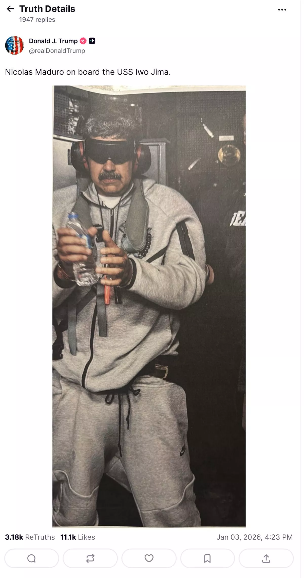 UNSPECIFIED - JANUARY 3:  (EDITOR'S NOTE: This Handout image was provided by a third-party organization and may not adhere to Getty Images' editorial policy.) A screenshot of a post by U.S. President Donald Trump on his Truth Social account shows who he says is President of Venezuela Nicolas Maduro on board the USS Iwo Jima, which is currently patrolling in the Caribbean Sea. (Handout from Truth Social via Getty Images)