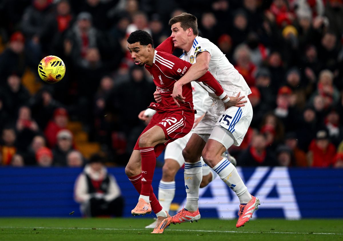 Hugo Ekitike of Liverpool is challenged by Jaka Bijol of Leeds United during the Premier League match at Anfield