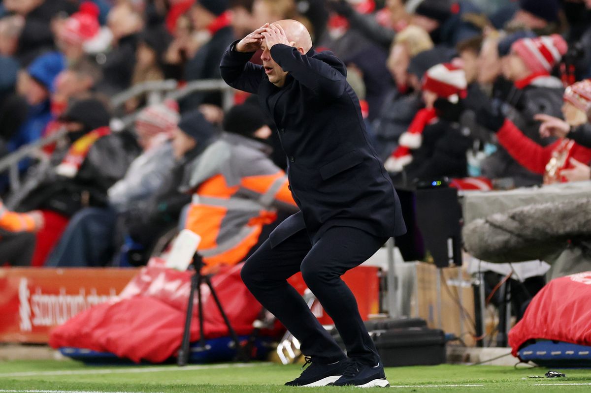 LIVERPOOL, ENGLAND - JANUARY 01: Arne Slot, Manager of Liverpool, reacts during the Premier League match between Liverpool and Leeds United at Anfield on January 01, 2026 in Liverpool, England. (Photo by Carl Recine/Getty Images)