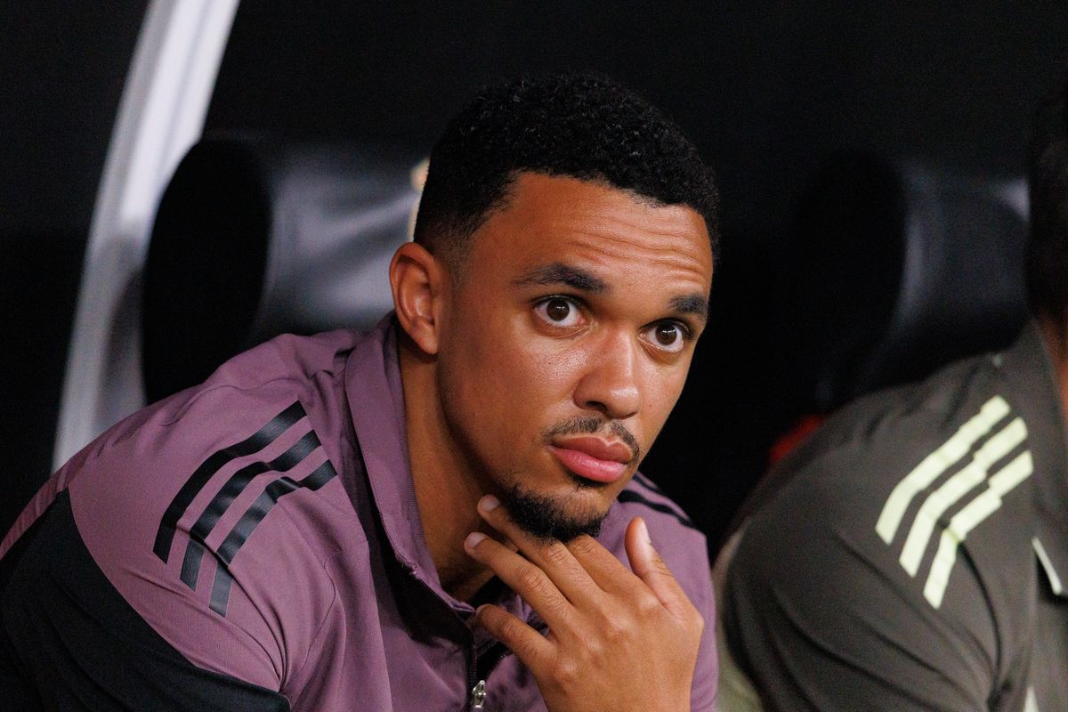 Trent Alexander-Arnold looks on ahead of Real Madrid's Spanish Super Cup semi-final against Atletico Madrid