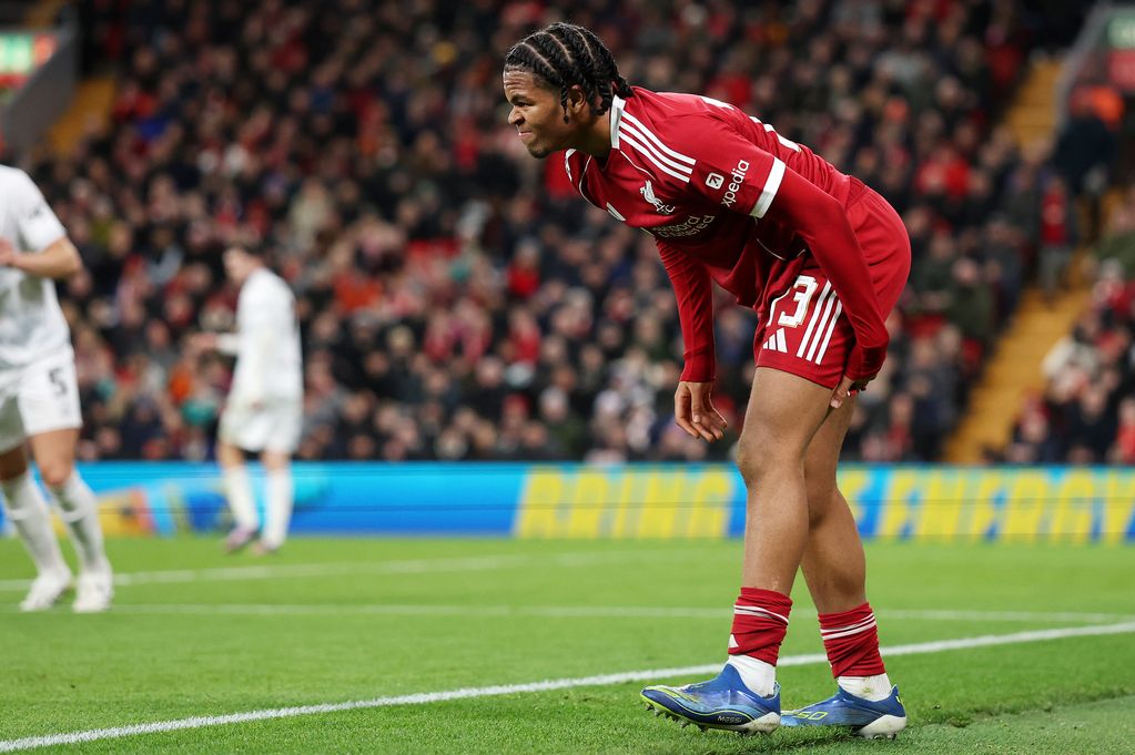 Rio Ngumoha reacts after picking up an injury during Liverpool's game against Barnsley