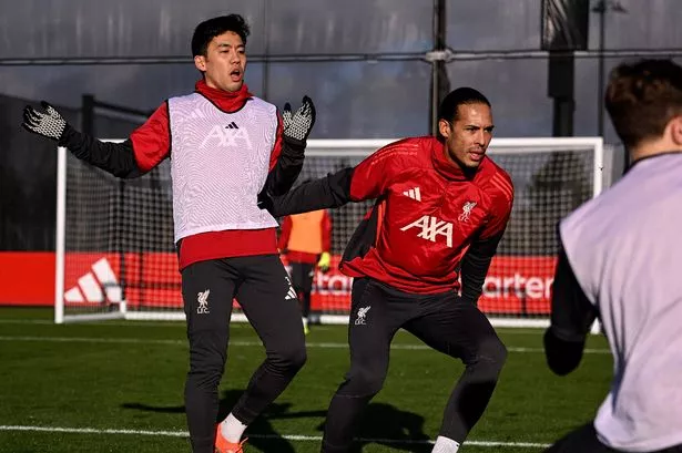 Wataru Endo and Virgil van Dijk in training for Liverpool