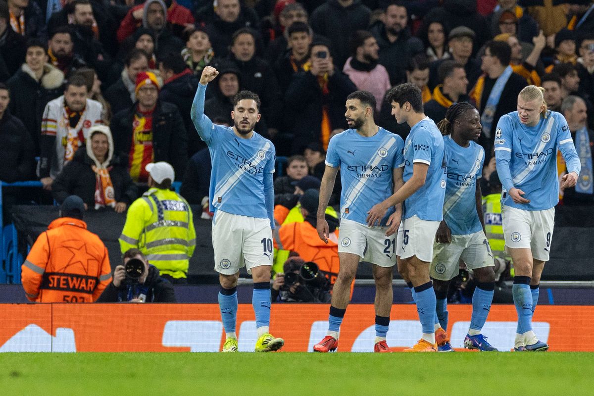 Manchester City's players celebrate during the 2-0 victory over Galatasaray in the Champions League