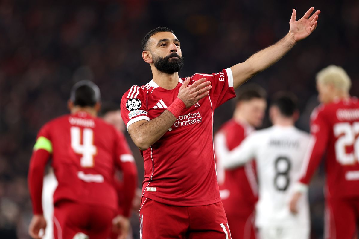 LIVERPOOL, ENGLAND - JANUARY 28: Mohamed Salah of Liverpool celebrates scoring his team's third goal during the UEFA Champions League 2025/26 League Phase MD8 match between Liverpool FC and Qarabag FK at Anfield on January 28, 2026 in Liverpool, England. (Photo by Justin Setterfield/Getty Images)
