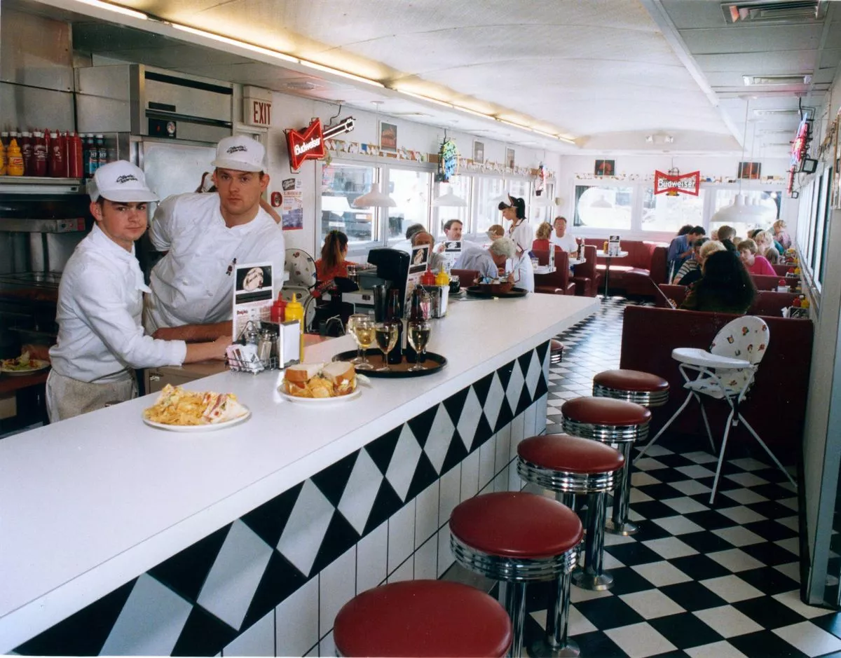 Inside of Starvin' Marvin's Diner in Salford, Manchester. June 28, 1993