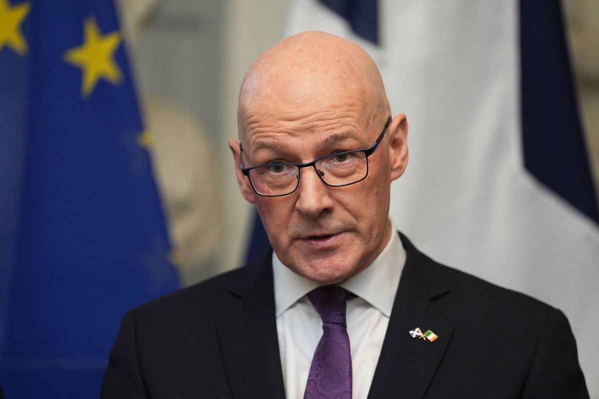 First Minister John Swinney speaks to the media at Iveagh House in Dublin during his visit