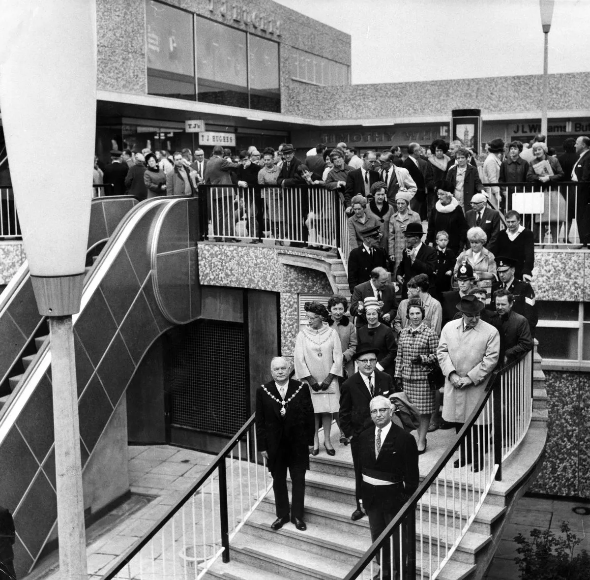 The Mons was named after Bootle's Belgian twin town of Mons. Pictured is the Mayor of Bootle, Alderman Oliver Ellis, and the deputy  Burgomaster of Mons, Monsieur P. Couneson, seen touring the New Strand shopping centre in October 1968.