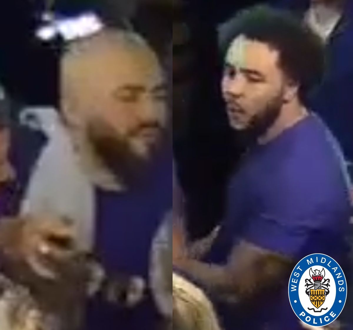 A white man who is bald, with a thick, brown beard, wearing a royal-blue t-shirt and a white top, slung over his shoulder and a second man who has black, curly hair and a thicker beard and is wearing a royal blue t-shirt.