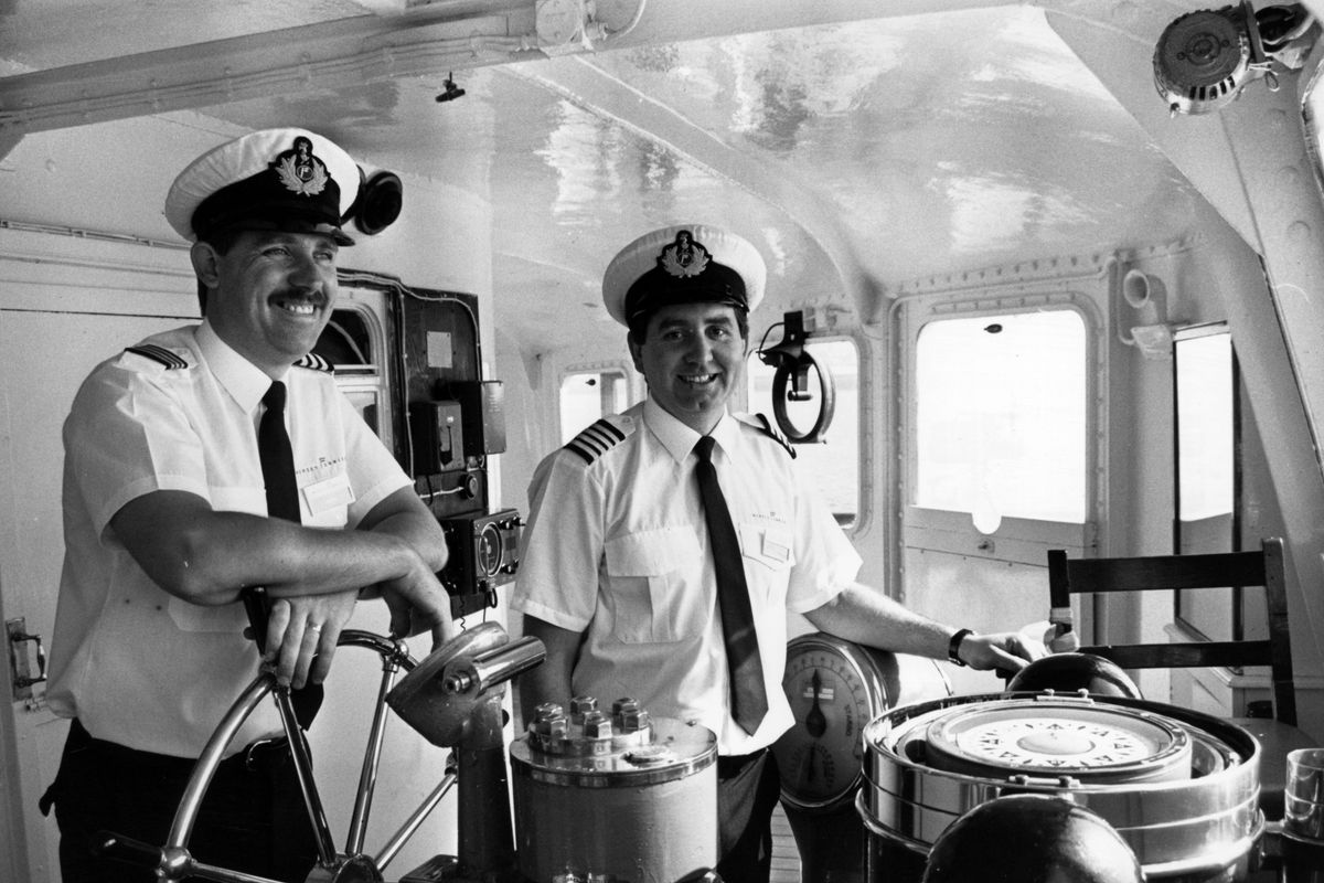 Black and white photo of MV Royal Iris, Captain Tony Murphy (right) and first mate Robbie Quinn.