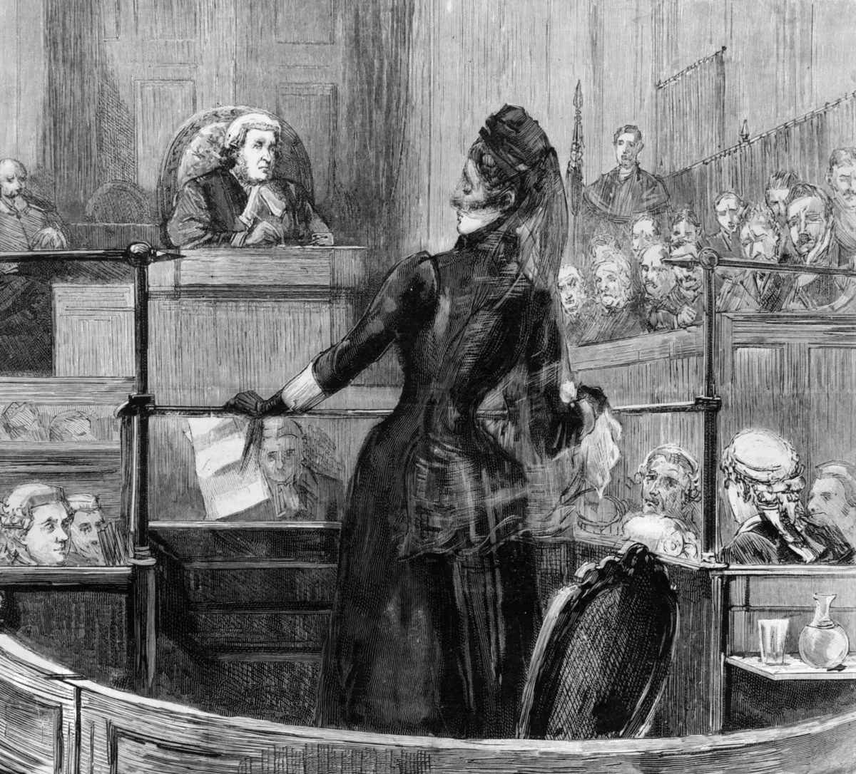Engraving of a woman in black wearing gloves and a veil in the docks at Liverpool Court, St George's Hall. A judge, lawyers and members of the jury watch on. The woman is holding papers and a handkerchief.