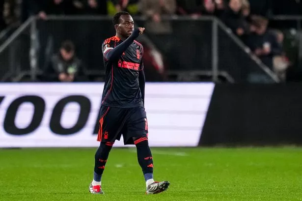 Nottingham Forest's Arnaud Kalimuendo applauds the crowd.