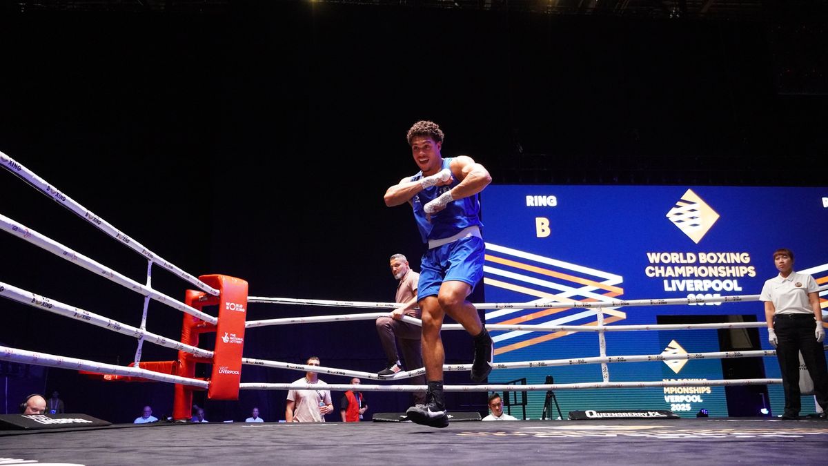 Odel Kamara after he beat Kuwardeep Manu at the World Boxing Championships
