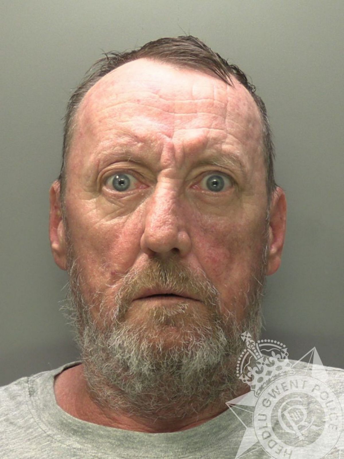 Custody photo of Brian Armstrong, 55, who has short brown hair, a grey beard and is wearing a grey tracksuit.