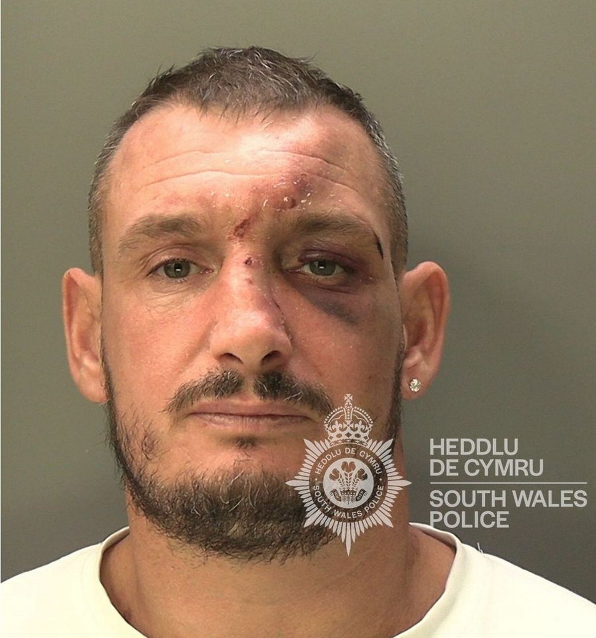 Custody photo of Gavin Davies who has short black/grey hair, a black/grey beard, an earring in his left ear, and is wearing a white shirt. He has a wound to his eye.
