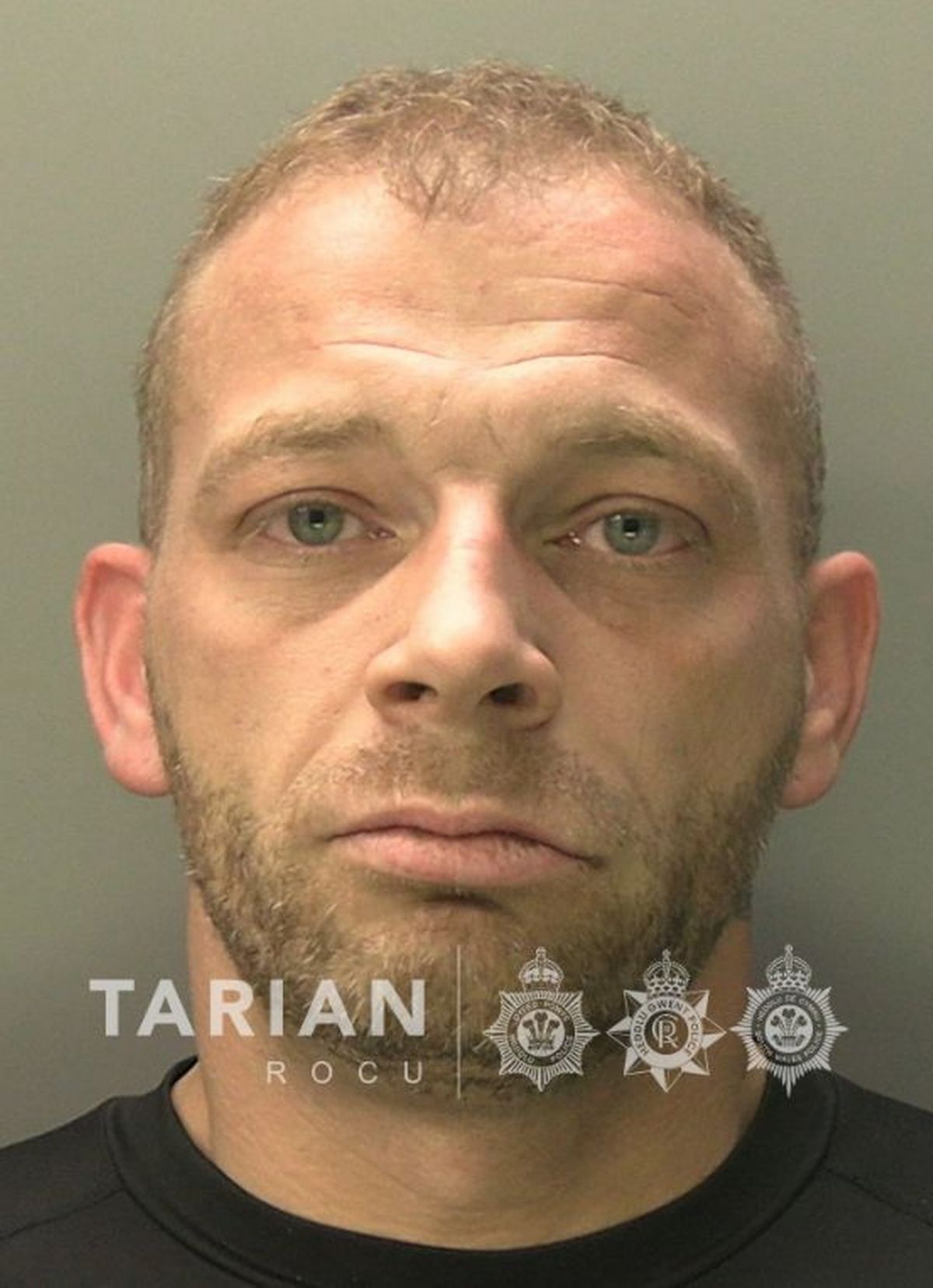 Custody photo of Peter Yandell, 37, who has short blonde hair, stubble and is wearing a black t-shirt.