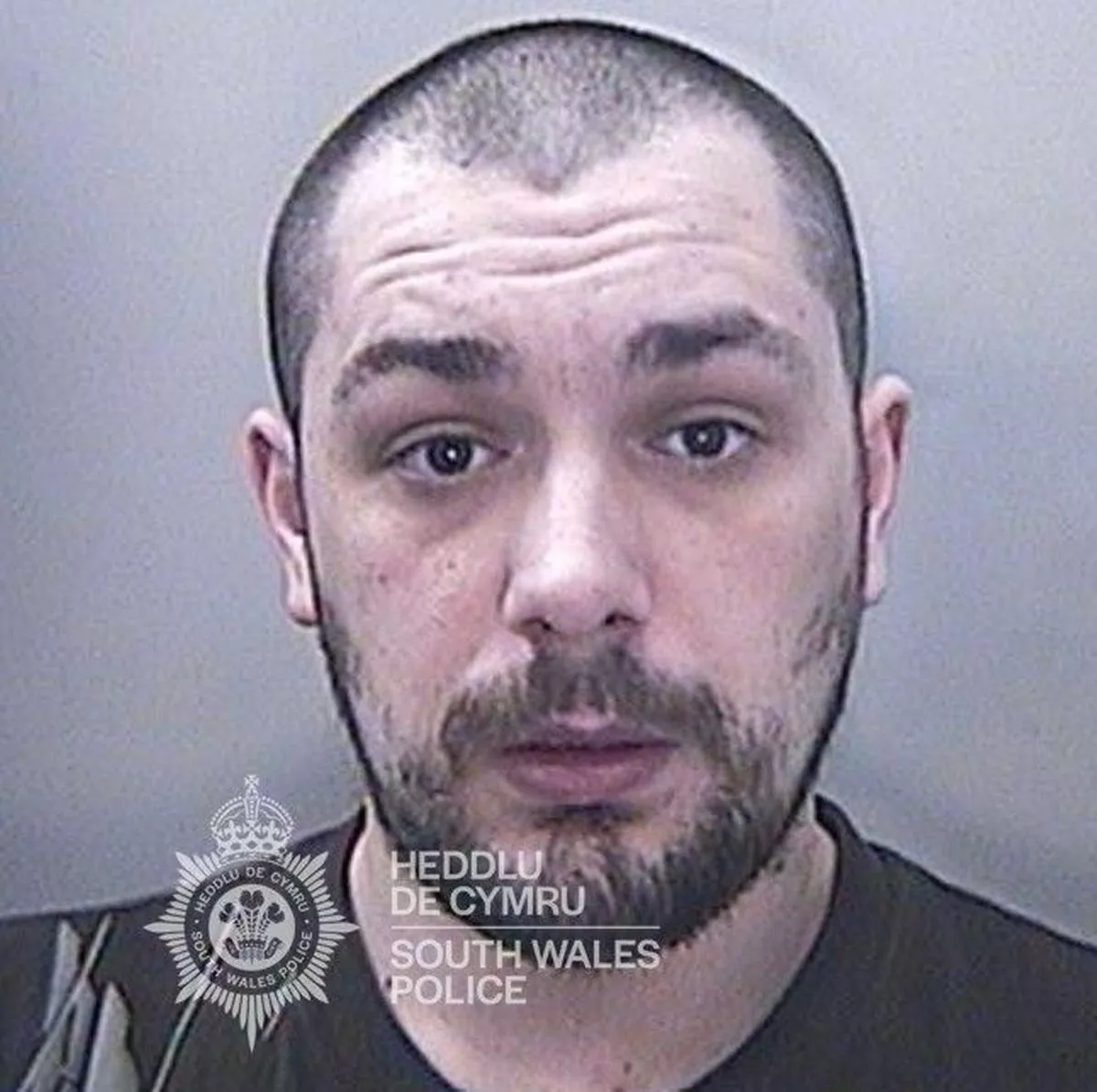 Custody photo of Kai Lewis who has a shaved head, black beard and is wearing a black t-shirt.