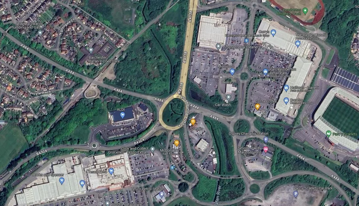 A satellite view of Trostre Roundabout in Llanelli