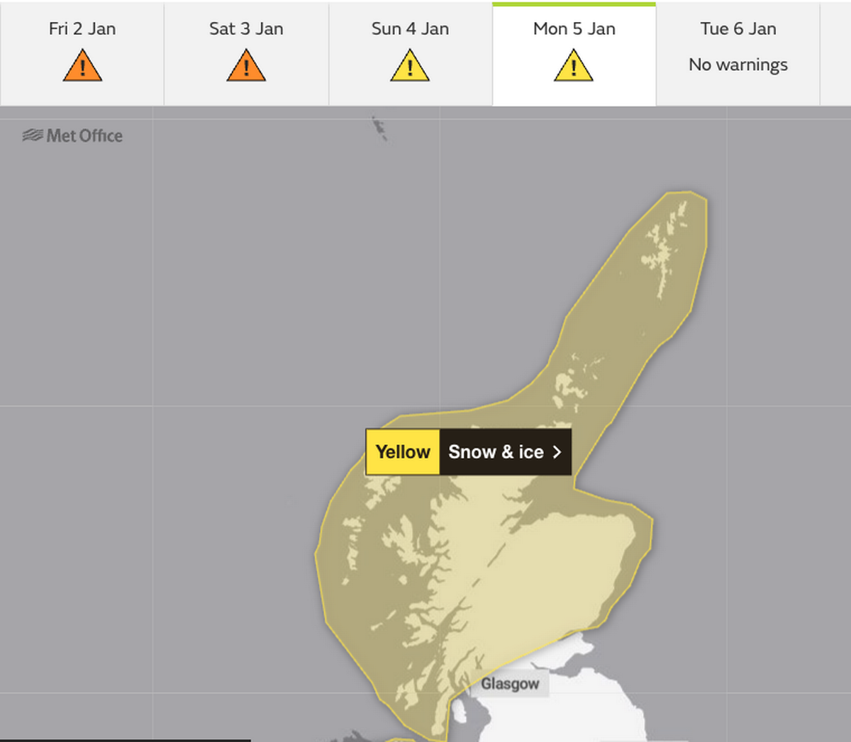 The Met Office has extended the yellow weather warning into Monday, January 5