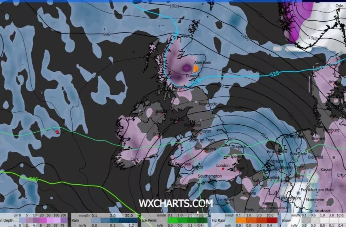 WX Charts snow coverage map at 9am on Sunday, January 18 shows snow in Birmingham