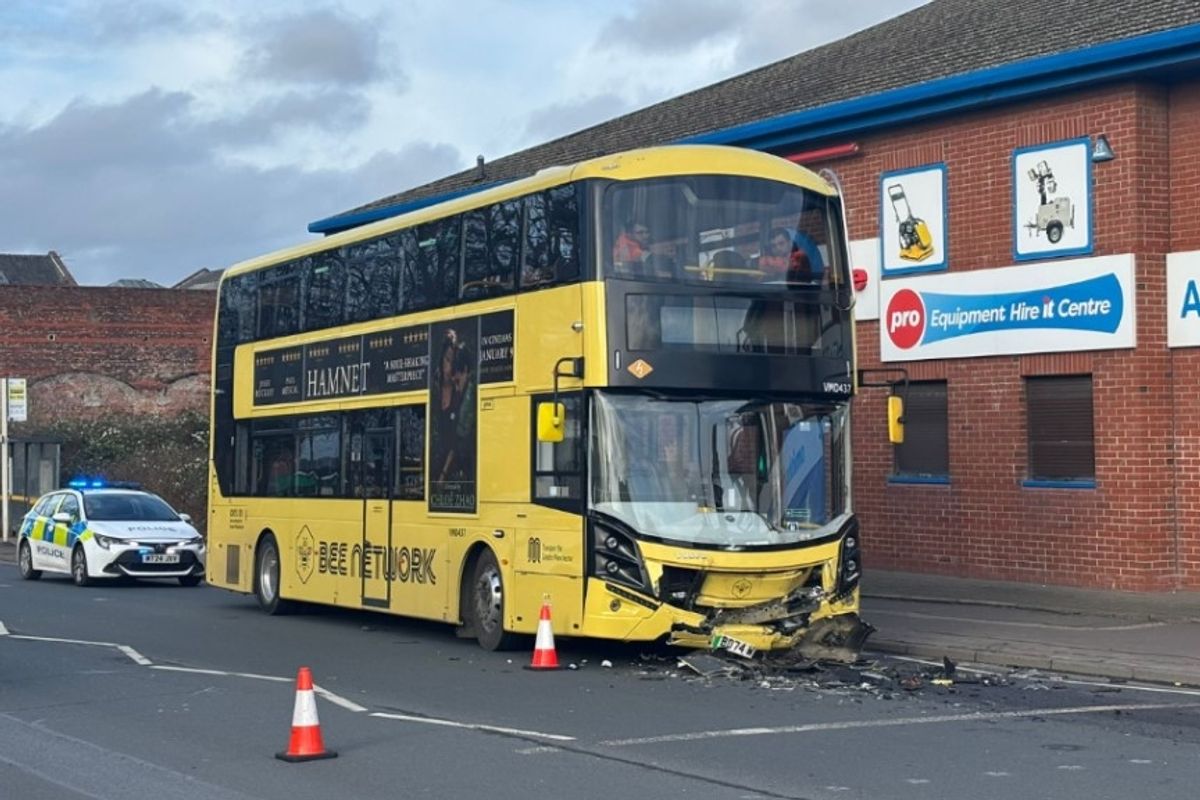 A Bee Network bus involved in a collision in Openshaw