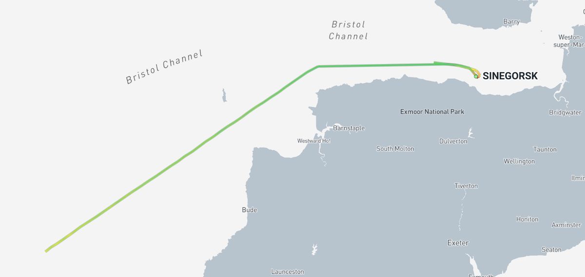 The Sinegorsk was tracked through the Bristol Channel