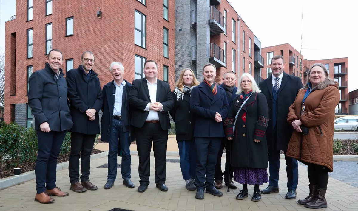 John Bowker, Southway Housing Trust Chief Executive: Richard Roe, Corporate Director for Place; Coun George Devlin, Trafford Council’s Executive Member for Housing and Advice; Andrew Western MP for MP for Stretford and Urmston; Coun Sarah Haughey (Longford Ward), Trafford Council Leader Tom Ross; Coun David Jarman (Longford Ward); Coun Judith Lloyd (Longford Ward); Ian Lowe, Victor Director and Jane Gant, Southway Housing Trust Executive Director of Home and Communities outside the new homes