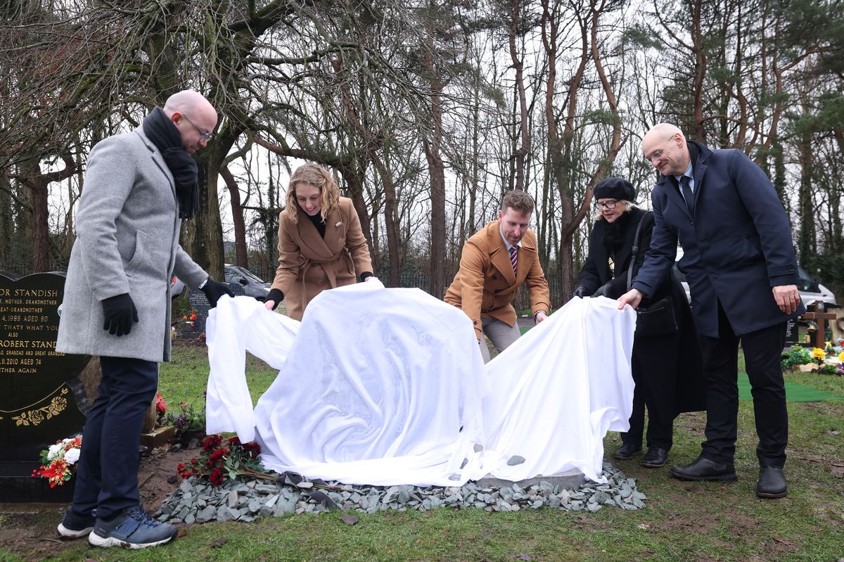 The gravestone of famous architect Ernst Wiesner being unveiled at Allerton Cemetery 