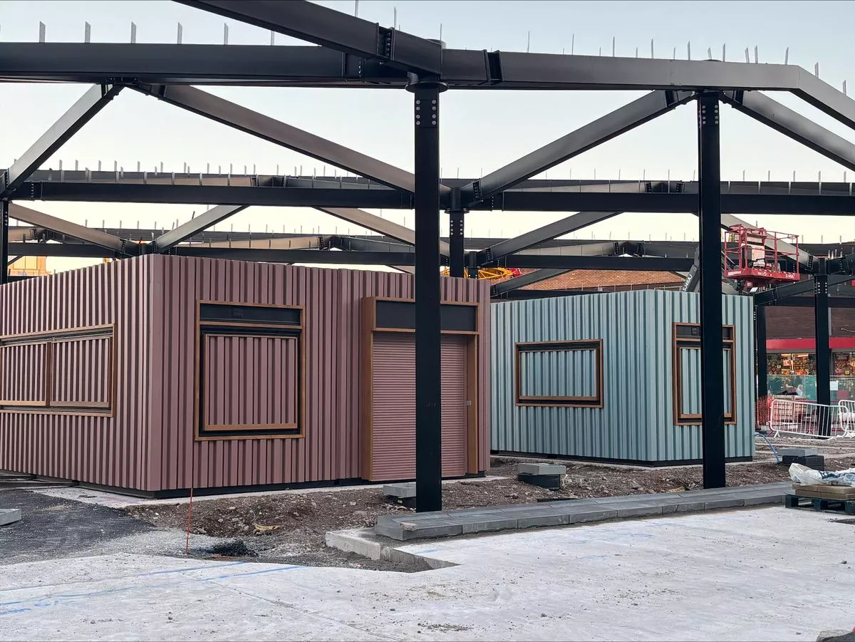 The new market kiosks have started to arrive at Ashton Market Square in Tameside