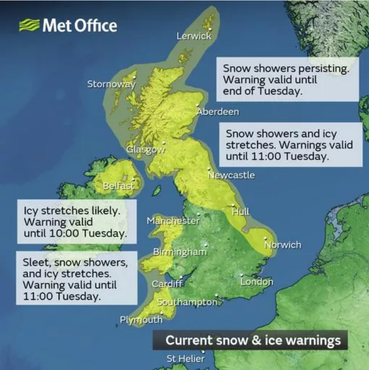 Met office graphic shows snow warnings into Tuesday