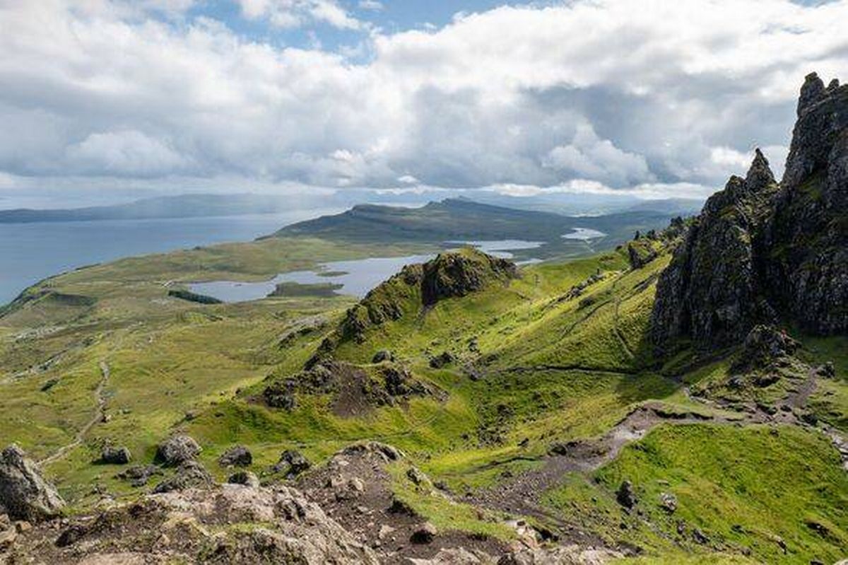 View down from the Old Man of Storr on the Isle of Skye in Scotland.
