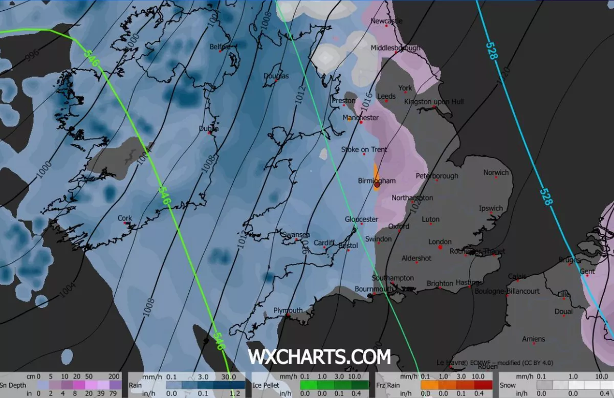 Freezing rain could fall over Birmingham on Sunday according to WX Charts