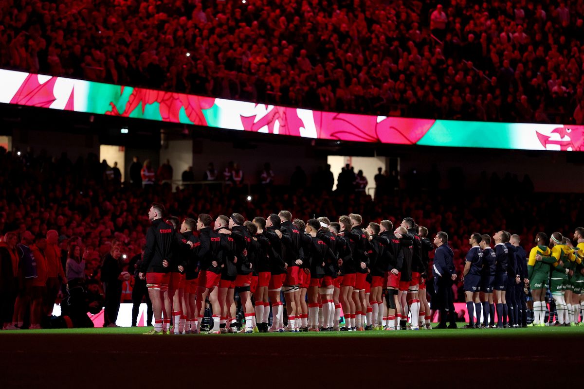 Back of the Welsh rugby team standing in a line