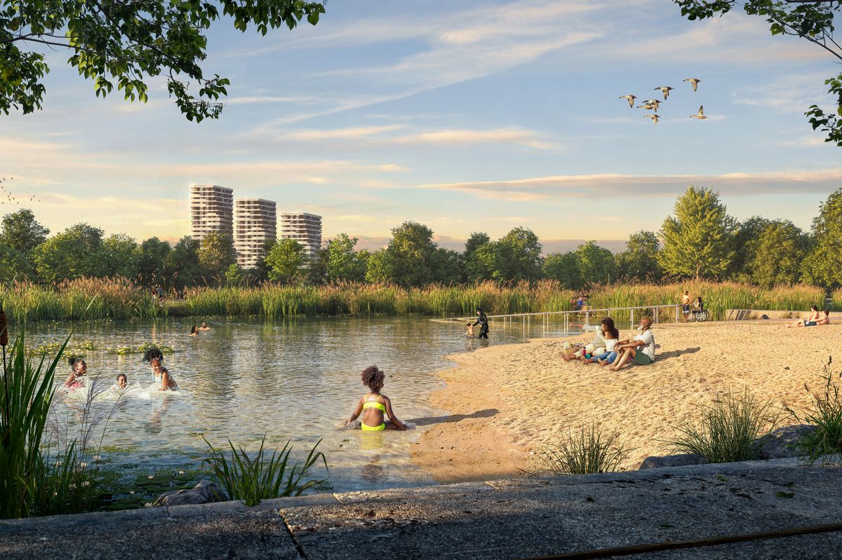 CGI artist impression of people swimming in the wild swimming spot and other sat on the beach 