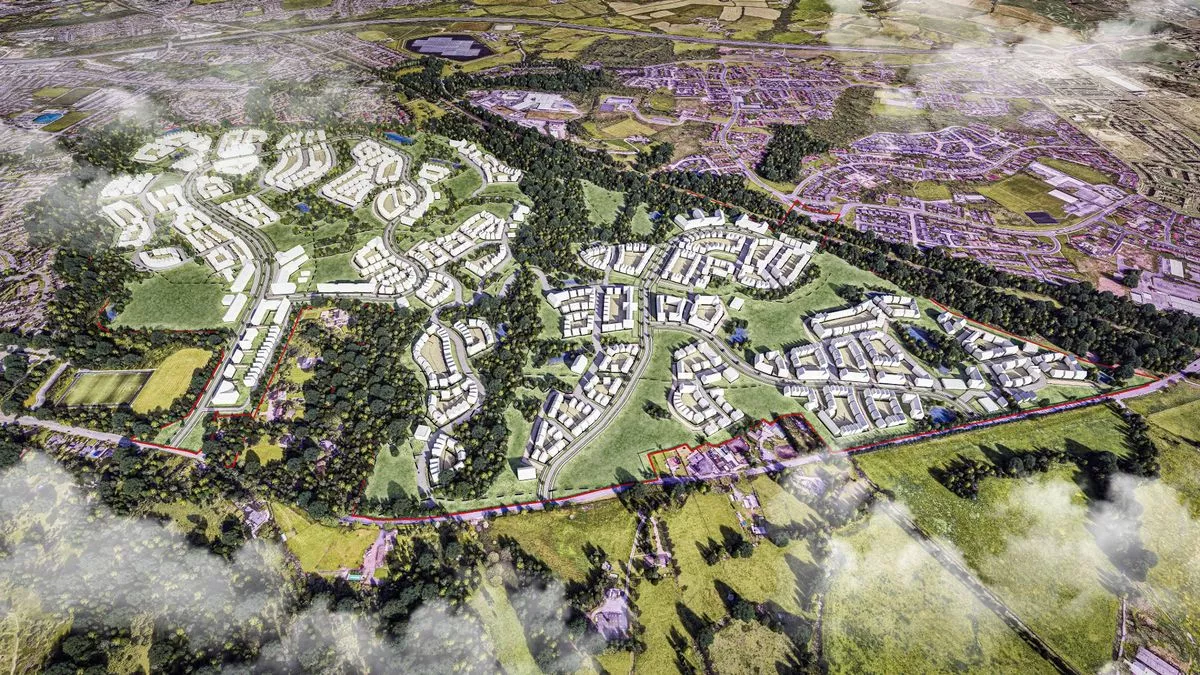 Aerial CGI of the Godley Green Garden Village scheme for Tameside