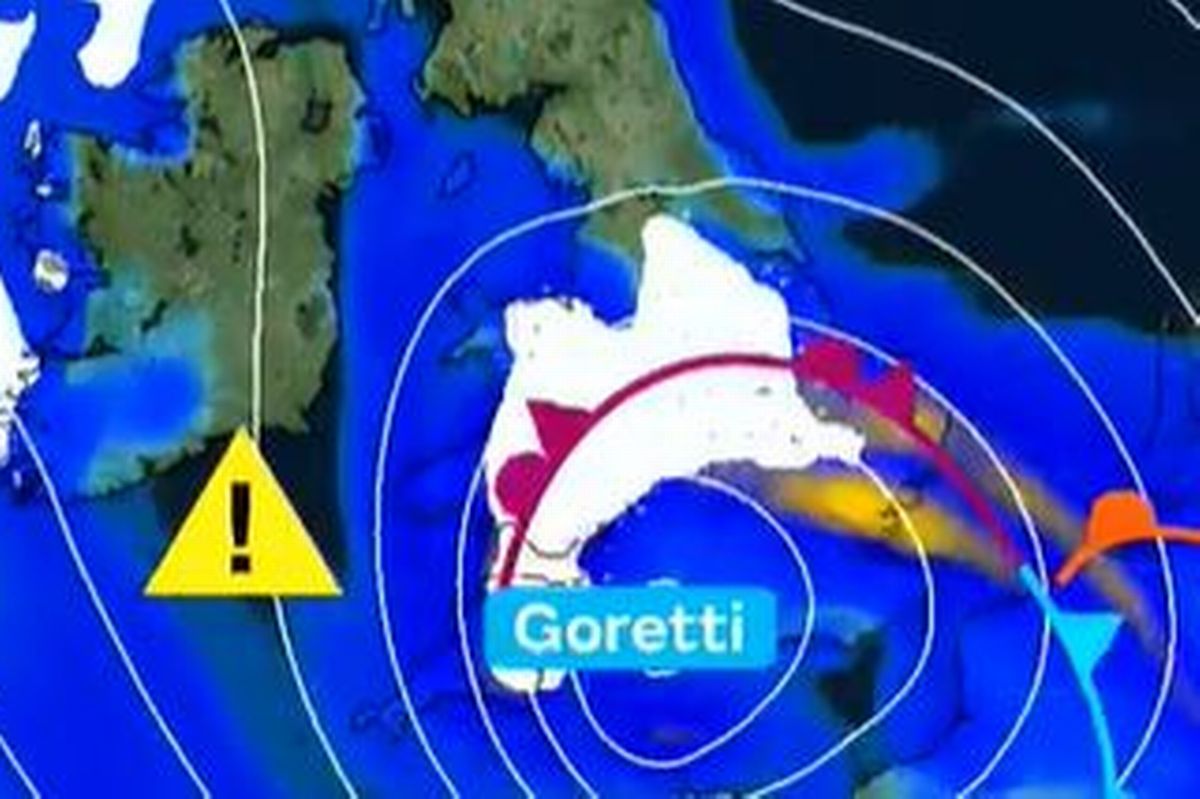 UK weather map with a white cloud over Wales labelled Goretti 