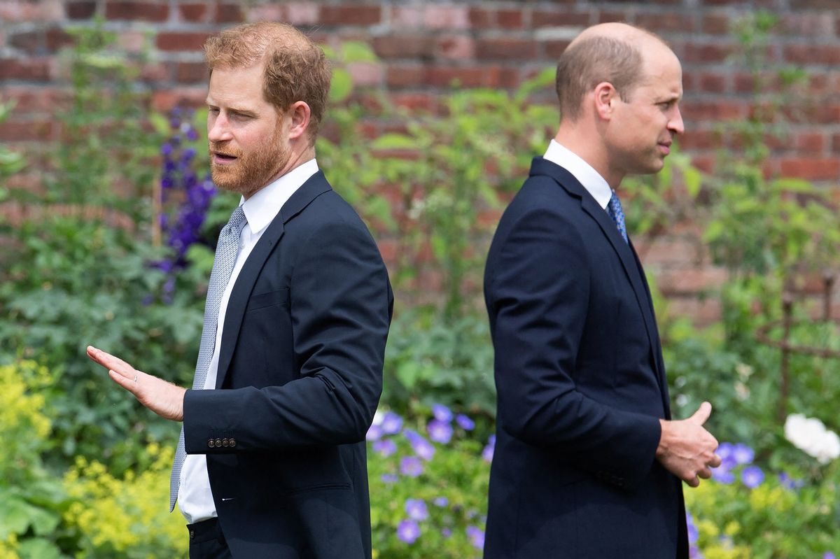 Britain's Prince Harry, Duke of Sussex (L) and Britain's Prince William, Duke of Cambridge attend the unveiling of a statue of their mother, Princess Diana at The Sunken Garden in Kensington Palace, London on July 1, 2021