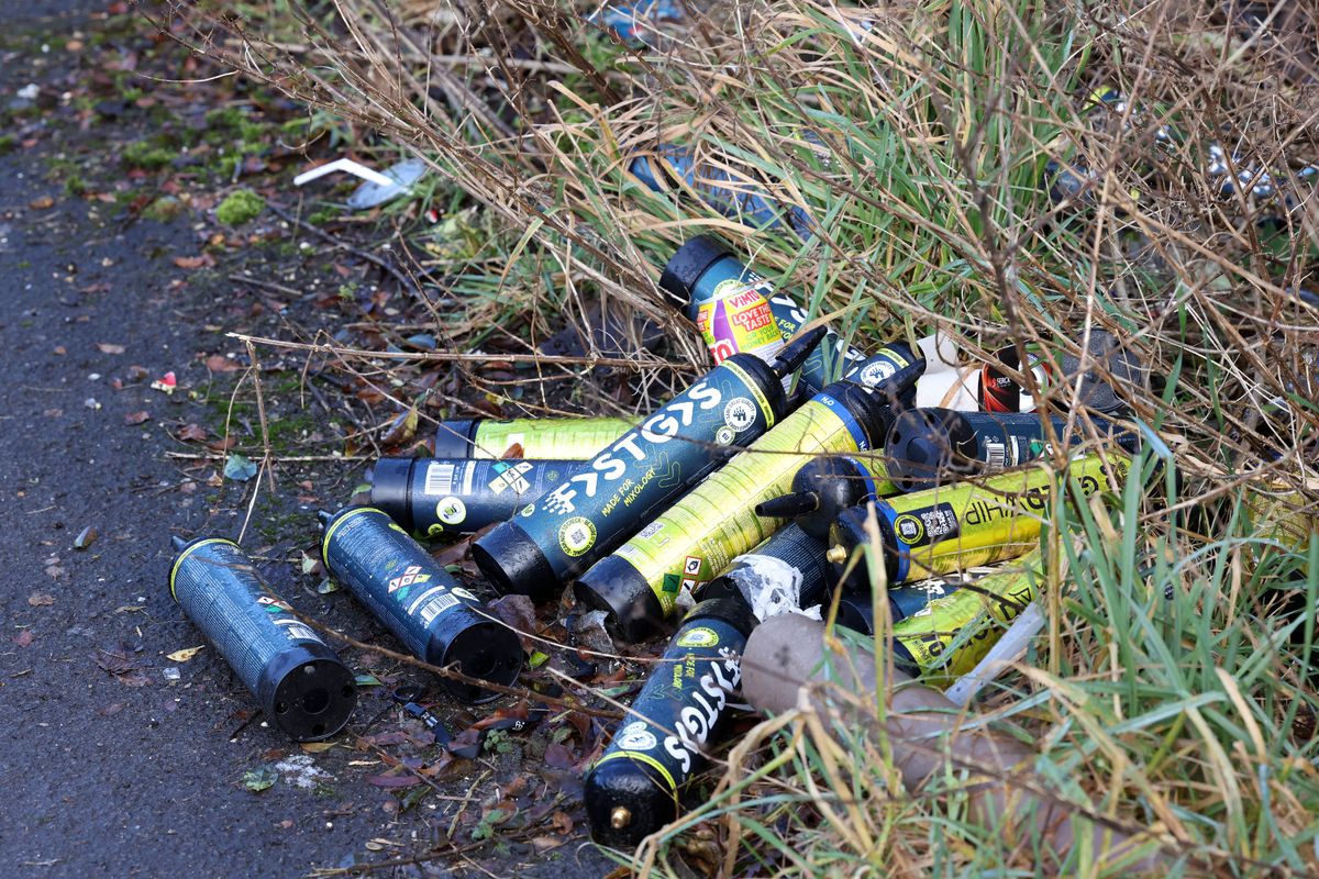 There was lots of empty cannisters of laughing gas around the place