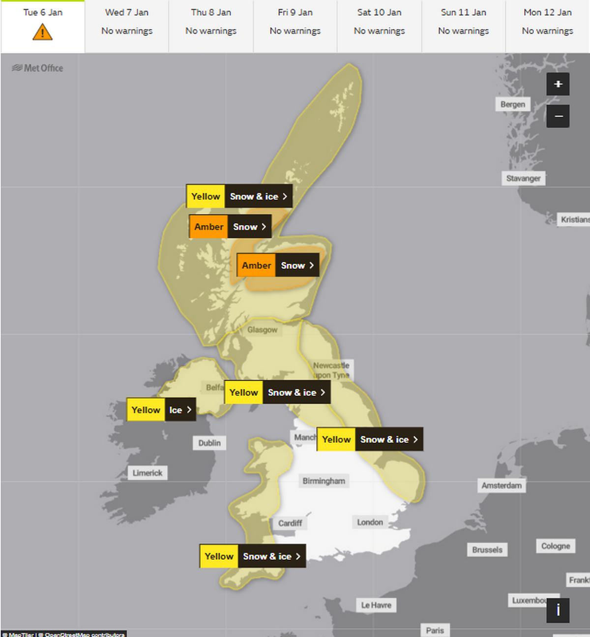 Map showing the 'amber' snow warning issued for parts of Scotland on Tuesday, January 6