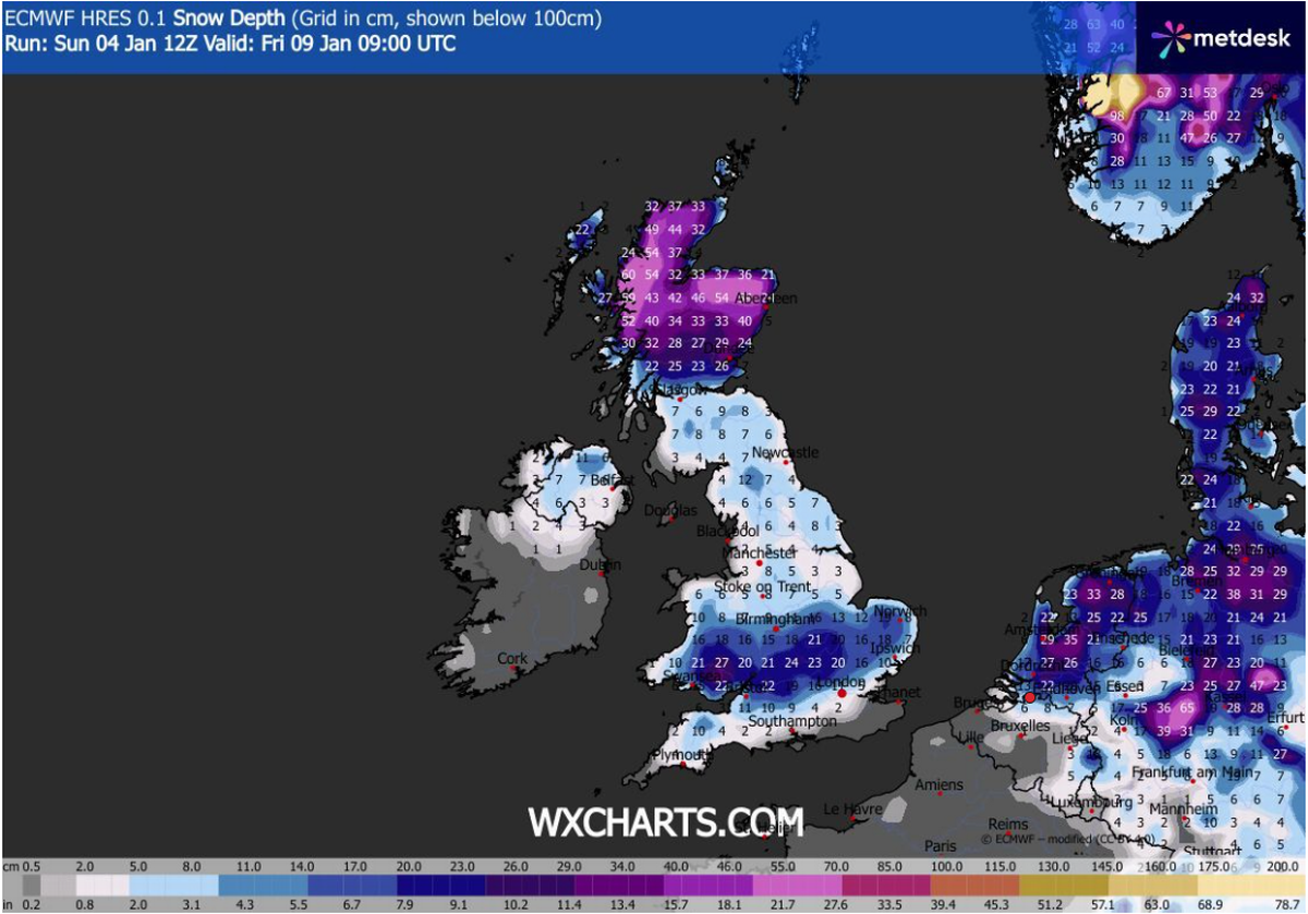 Snow depth map of the UK for Friday January 9