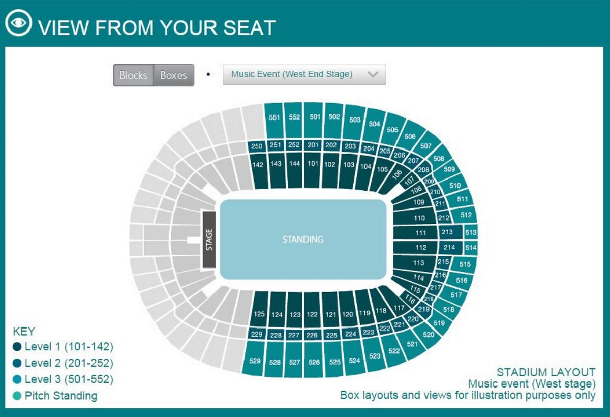 An interactive 3D map shows where concertgoers can purchase seats at Wembley
