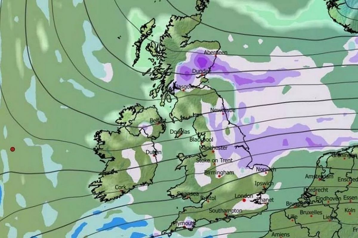 A weather map showing where snow could fall across the UK