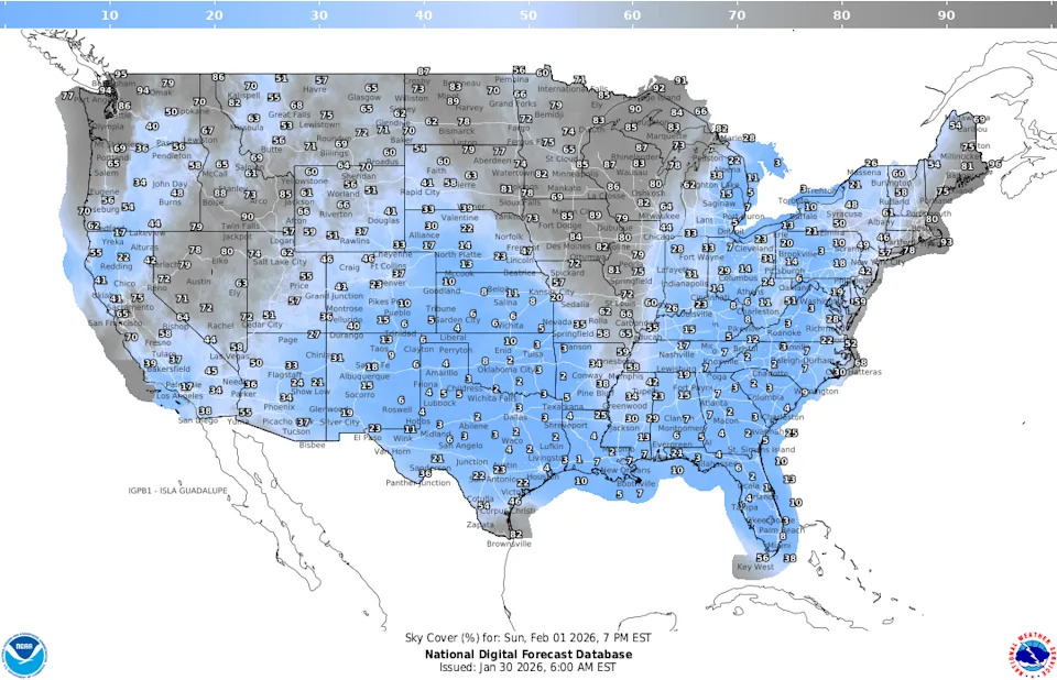 As of Friday, Jan, 30, the most of the South will see very little cloud coverage at 7 p.m. ET on Sunday. Feb. 1.