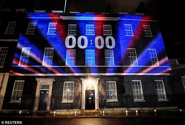 A countdown clock is illuminated at No10 on Brexit day on January 31, 2020