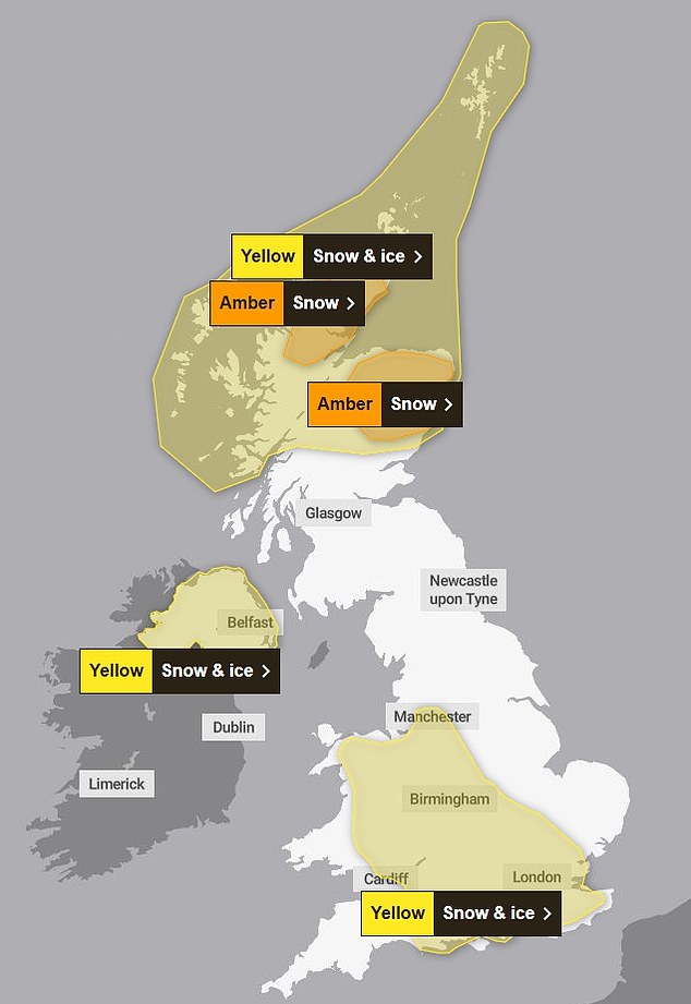 The Met Office has issued yellow and amber warnings for snow and ice covering large parts of the country for Friday