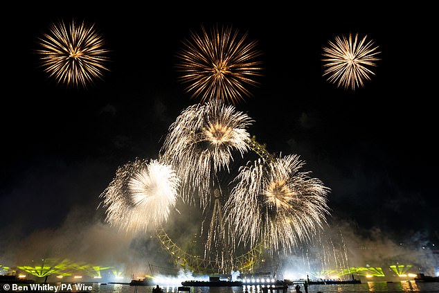 The production used a technology called hologauze, which uses semi-transparent fabric to create 3D-like visual effects by projecting images onto it (Pictured: London's NYE fireworks)